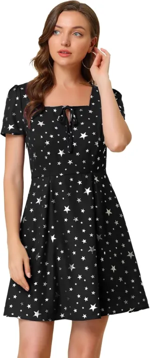 Allegra K Women's Printed Dress Summer 2025 Casual Square Neck Short Sleeve Fit and Flare Dresses