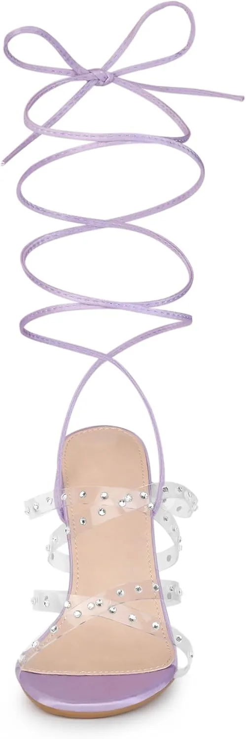 Allegra K Women's Strappy Rhinestone Lace Up Stiletto Heel Sandals