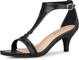 Allegra K Women's t Strap Embossed Kitten Heel Sandals