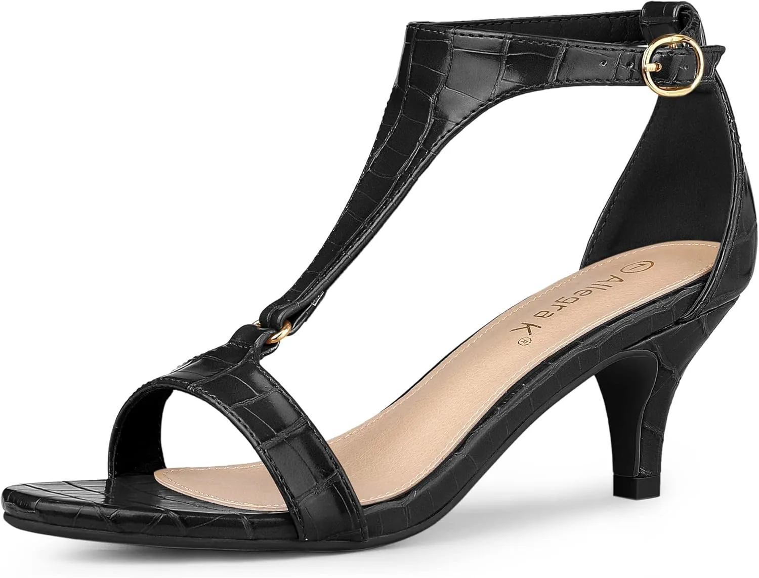 Allegra K Women's t Strap Embossed Kitten Heel Sandals