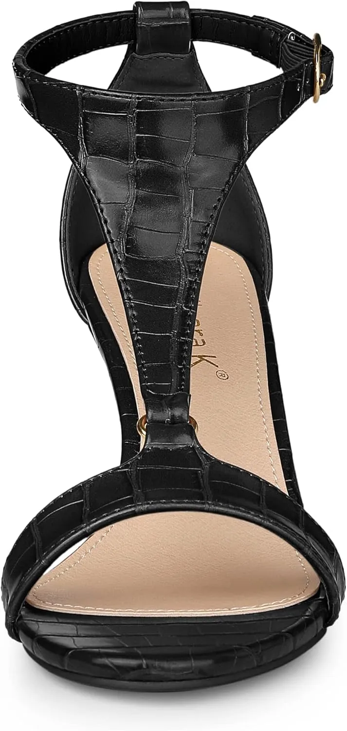 Allegra K Women's t Strap Embossed Kitten Heel Sandals