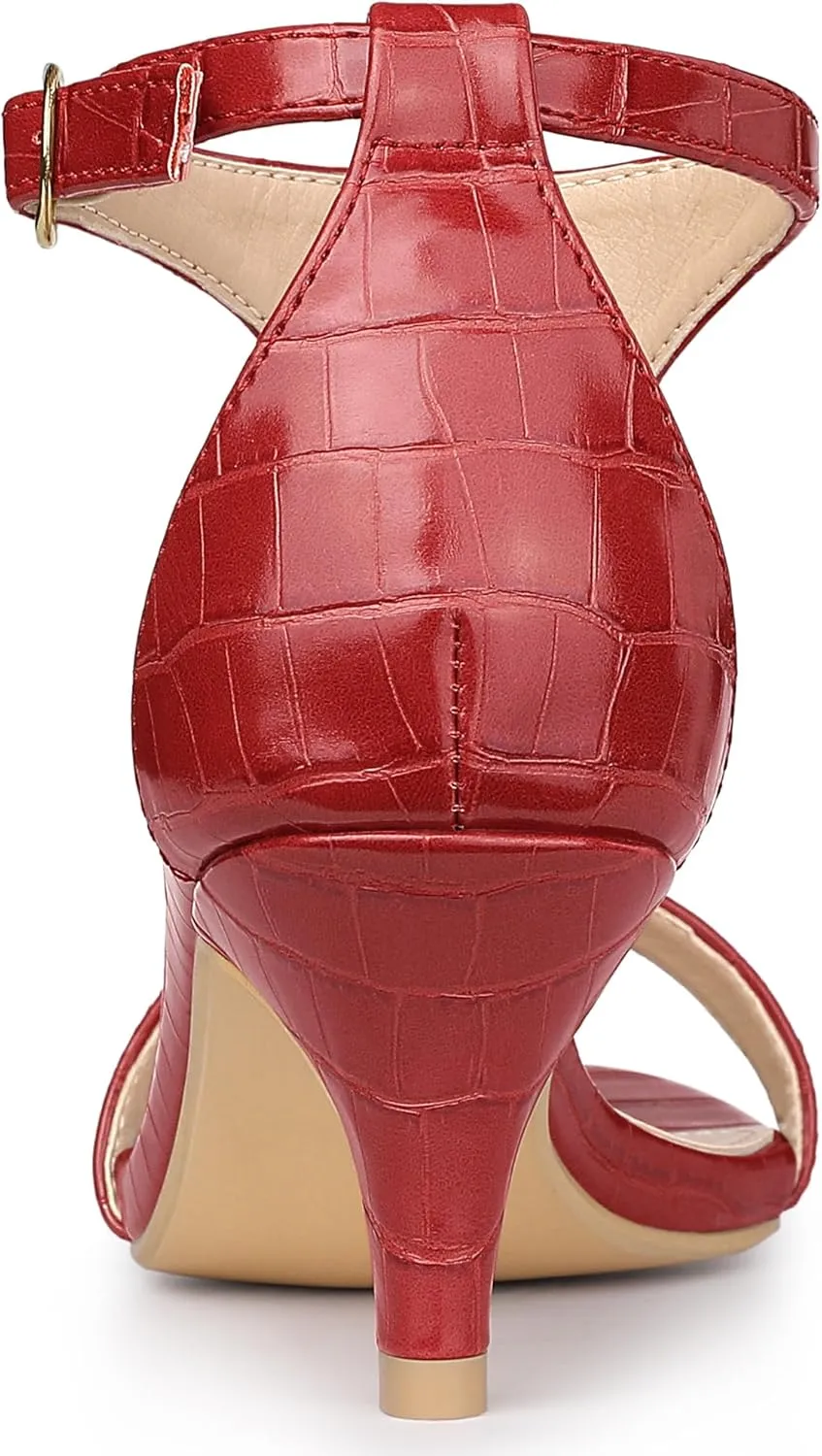 Allegra K Women's t Strap Embossed Kitten Heel Sandals