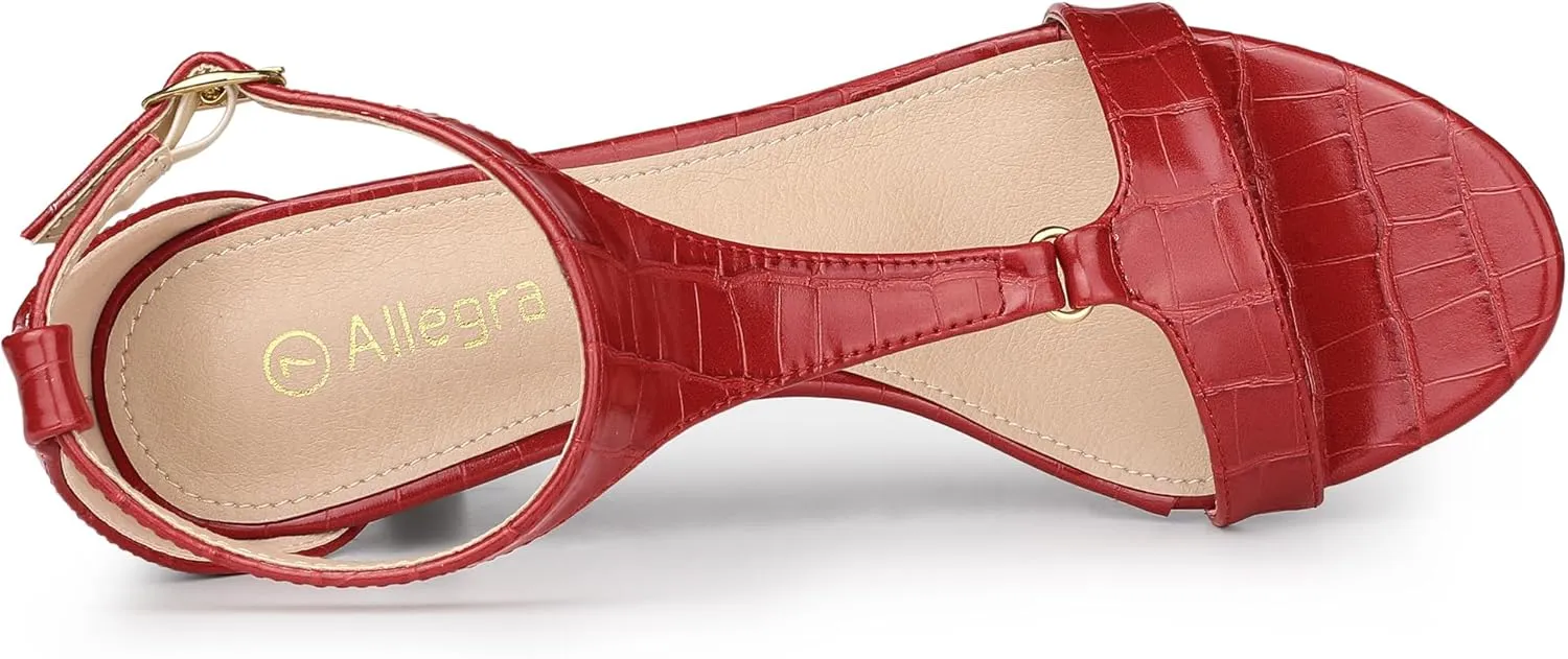 Allegra K Women's t Strap Embossed Kitten Heel Sandals