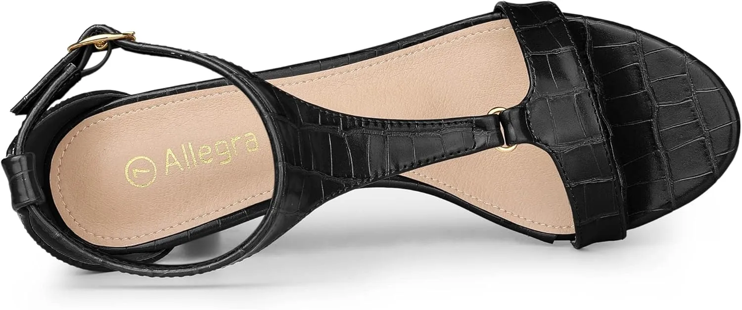 Allegra K Women's t Strap Embossed Kitten Heel Sandals