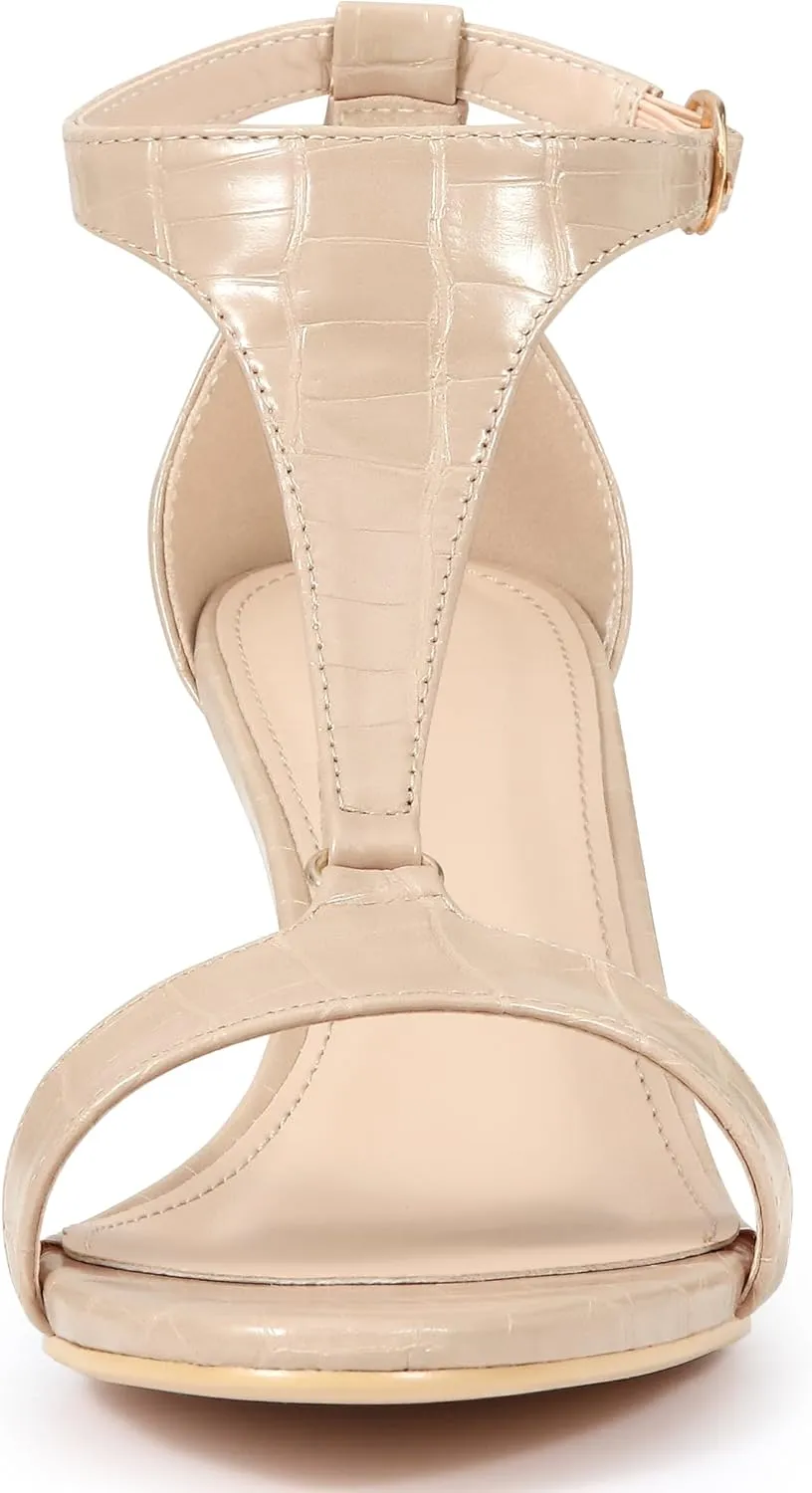 Allegra K Women's t Strap Embossed Kitten Heel Sandals