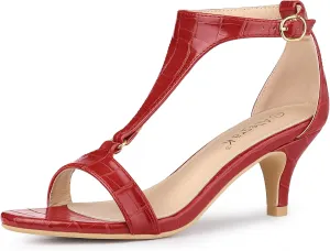 Allegra K Women's t Strap Embossed Kitten Heel Sandals