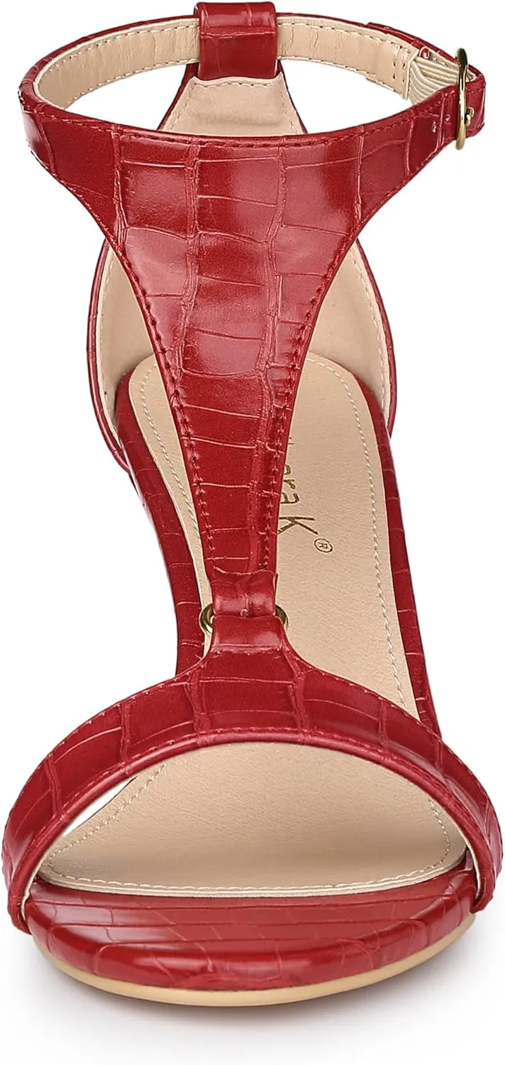 Allegra K Women's t Strap Embossed Kitten Heel Sandals