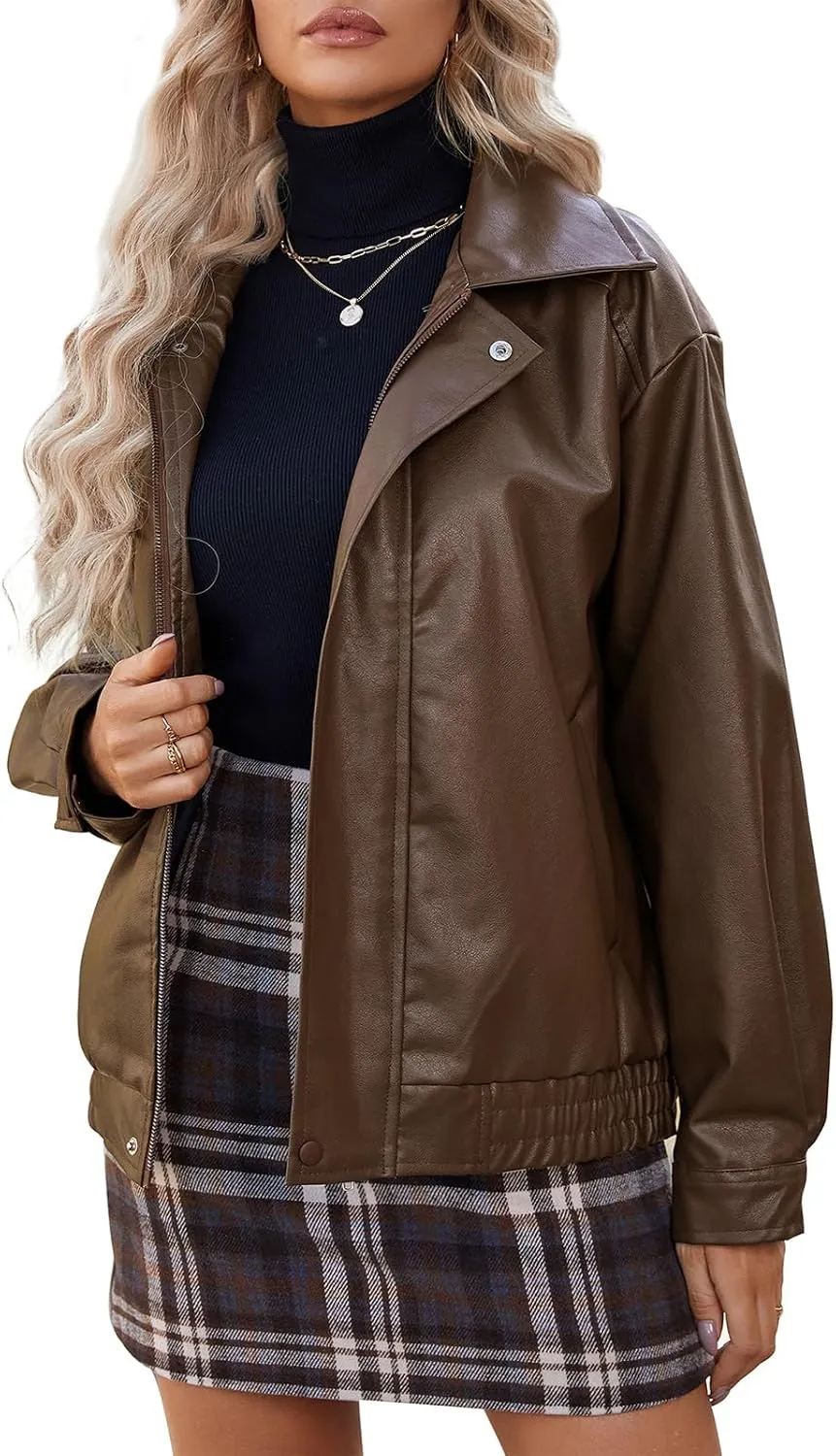 American Trends Leather Jacket Women Bomber Pleather Jacket Oversized Leather Blazer Biker Motorcycle Jacket