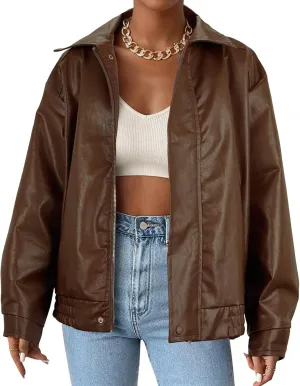 American Trends Leather Jacket Women Bomber Pleather Jacket Oversized Leather Blazer Biker Motorcycle Jacket