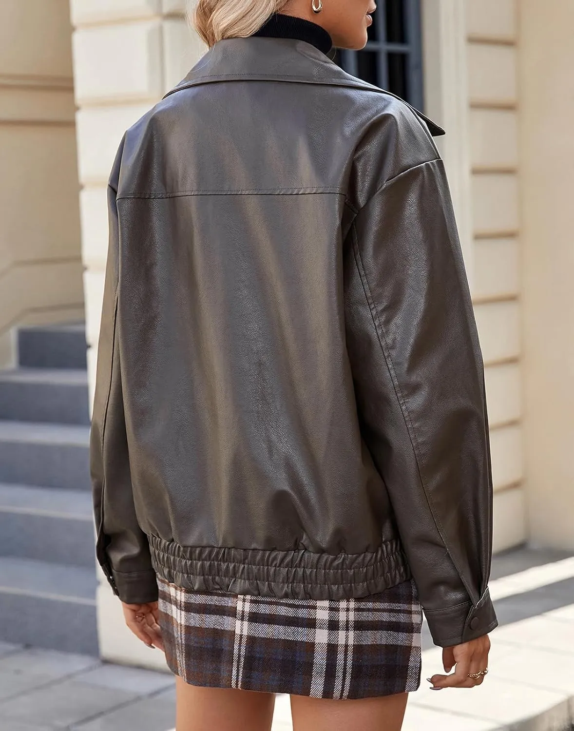 American Trends Leather Jacket Women Bomber Pleather Jacket Oversized Leather Blazer Biker Motorcycle Jacket
