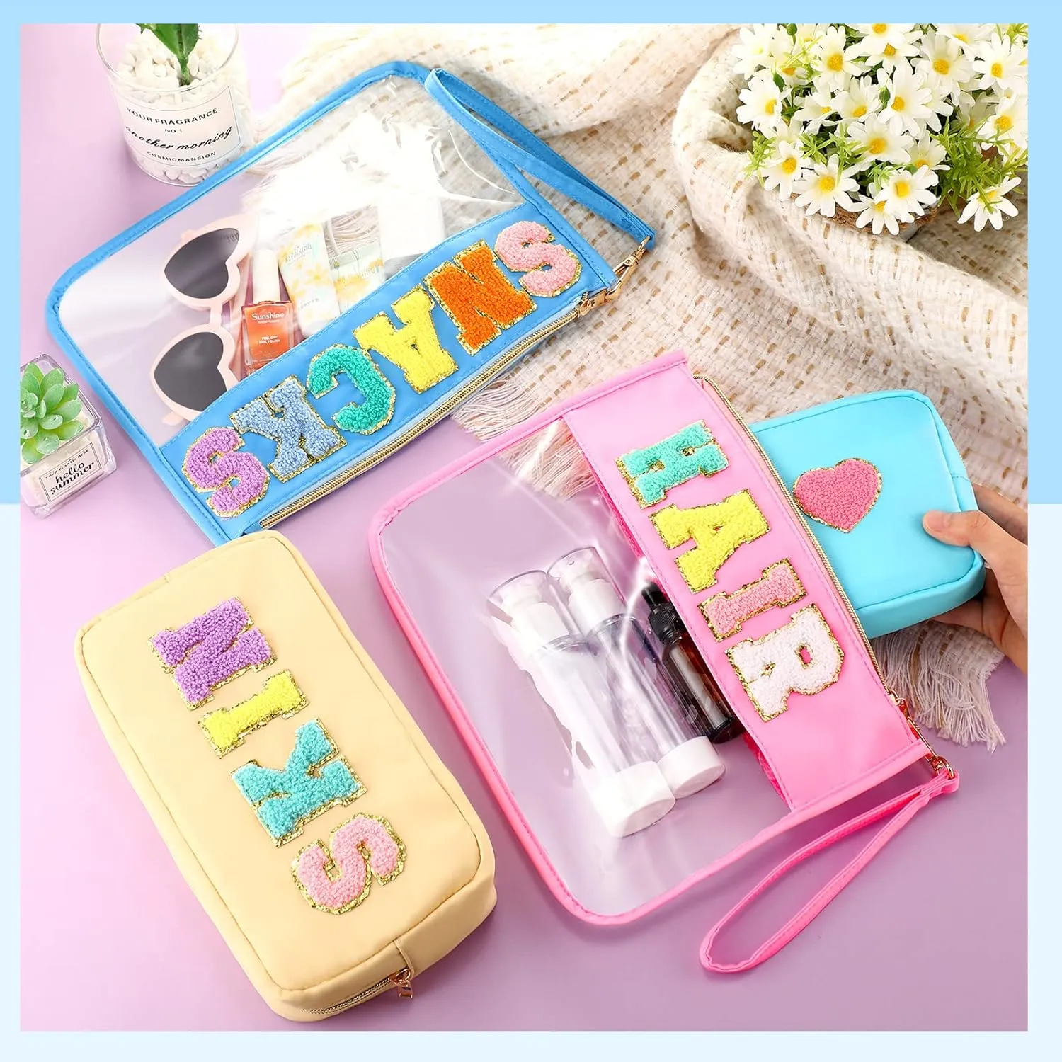 Amylove 4 Pcs Chenille Letter Bag Preppy Nylon Cosmetic Letter Patches Makeup Bag Makeup Pouch Clear Zipper Toiletry Pouch for Women Beach Travel Organizer(Pink Hair)
