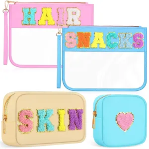 Amylove 4 Pcs Chenille Letter Bag Preppy Nylon Cosmetic Letter Patches Makeup Bag Makeup Pouch Clear Zipper Toiletry Pouch for Women Beach Travel Organizer(Pink Hair)