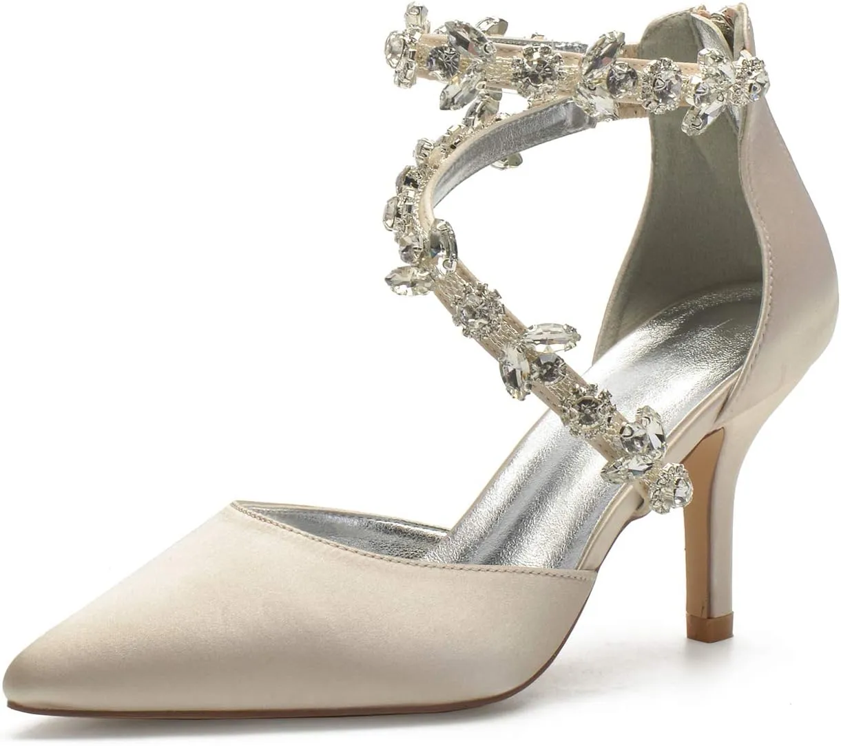 Anna's Bridal Women's Pointed Toe High Heels Pumps Ankle Strap Rhinestones Satin Heels Wedding Shoes for Bride Prom Party Dress Shoes Sandals