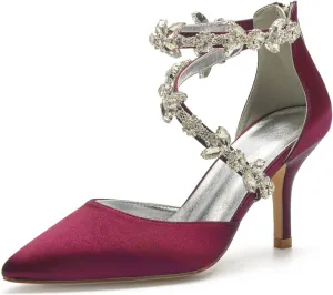 Anna's Bridal Women's Pointed Toe High Heels Pumps Ankle Strap Rhinestones Satin Heels Wedding Shoes for Bride Prom Party Dress Shoes Sandals