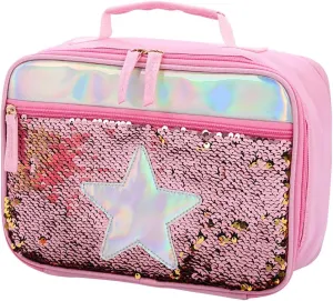 AOUTACC Handheld Lunch Box, Reusable Insulated Flip Sequins Lunch Tote Bag Handheld Box Roomy Carry Bag Lunchbox Gifts for Women,Kids Lunch Box Glittering Shining Travel Meal Tote Kit (Pink Star)