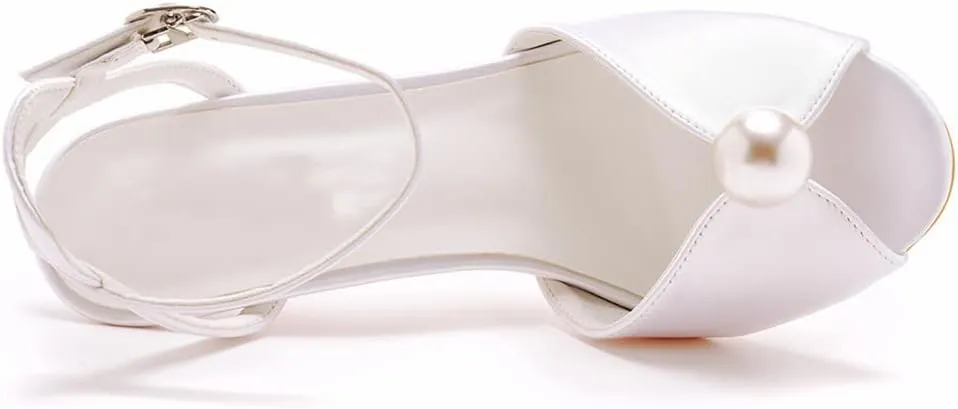 Arqa Peep Toe Ankle Strap Stiletto High Heels Satin Heeled Sandals with Pearl Bride Wedding Shoes