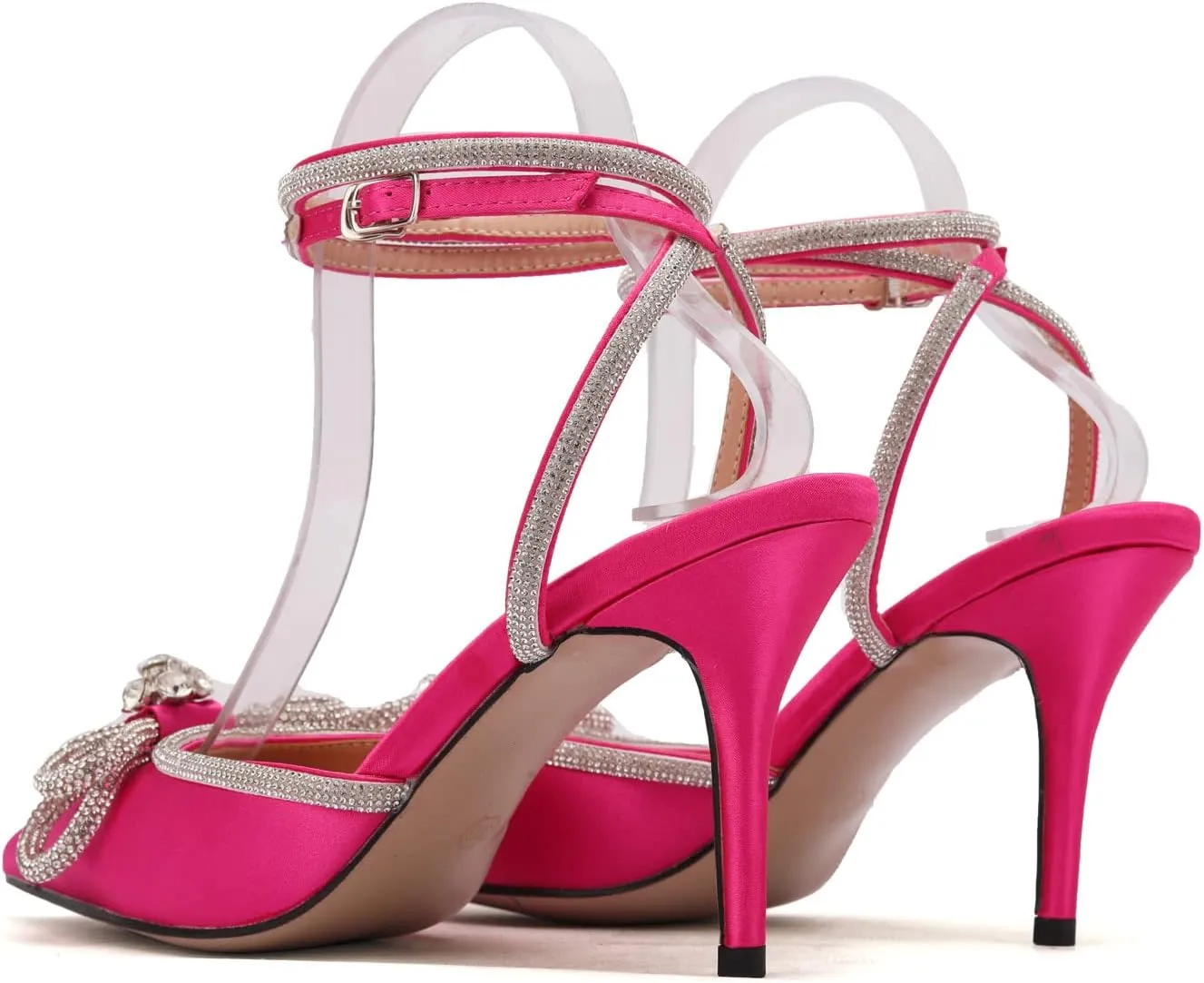 Arqa Rhinestone Bow Heels for Women Pointed Toe Crystal Ankle Strap Slingback Pumps Satin Stiletto High Heel Sandals Wedding Bridal Shoes