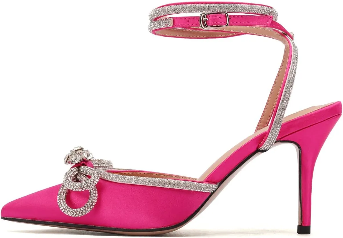 Arqa Rhinestone Bow Heels for Women Pointed Toe Crystal Ankle Strap Slingback Pumps Satin Stiletto High Heel Sandals Wedding Bridal Shoes