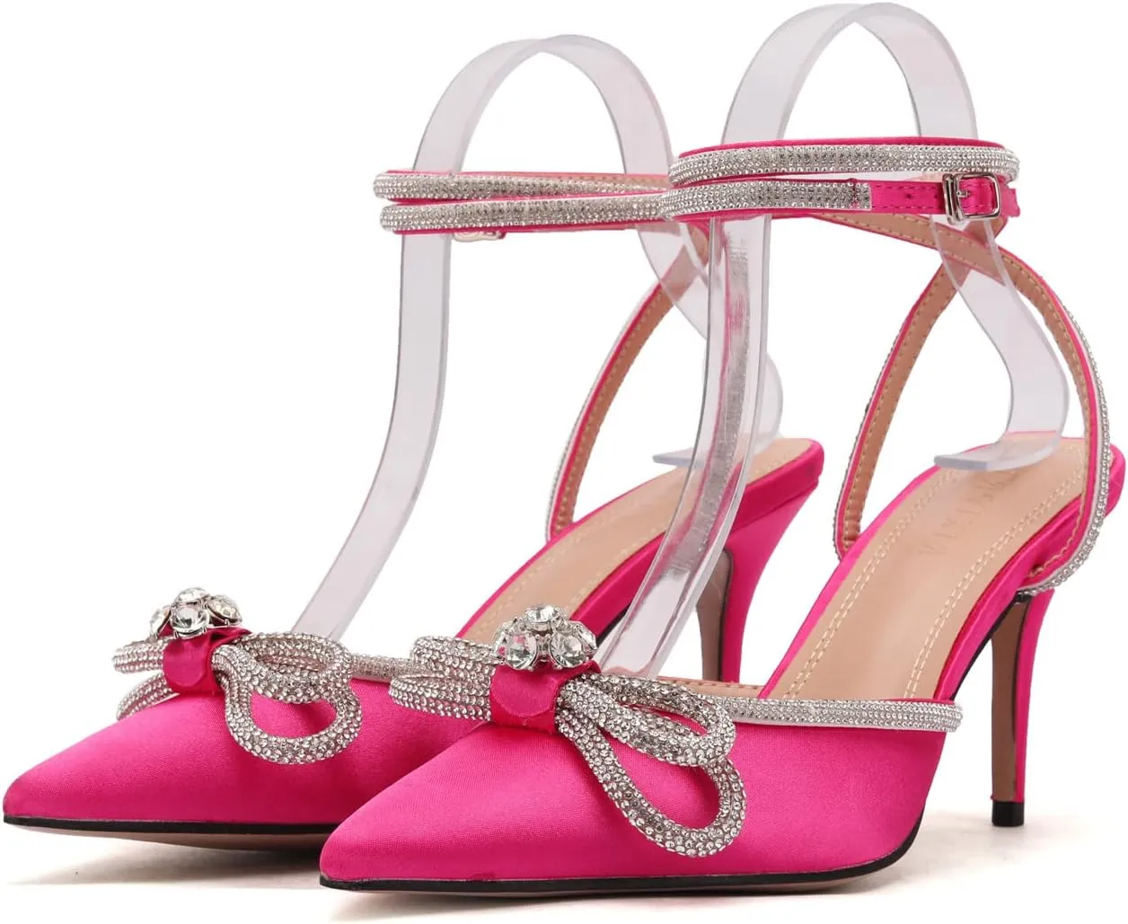 Arqa Rhinestone Bow Heels for Women Pointed Toe Crystal Ankle Strap Slingback Pumps Satin Stiletto High Heel Sandals Wedding Bridal Shoes