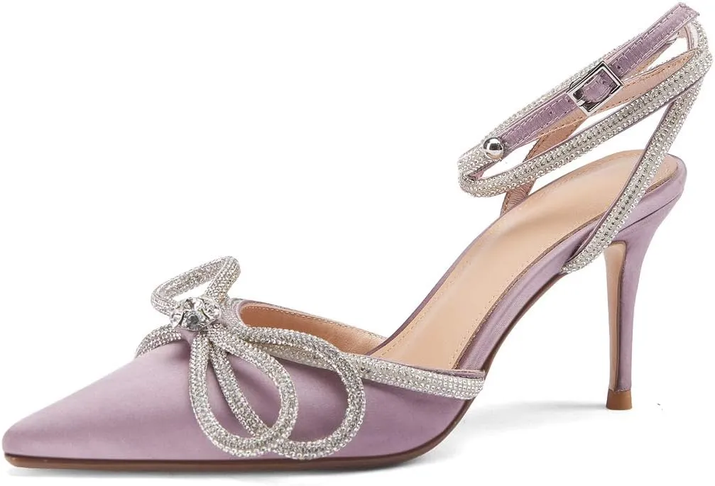 Arqa Rhinestone Bow Heels for Women Pointed Toe Crystal Ankle Strap Slingback Pumps Satin Stiletto High Heel Sandals Wedding Bridal Shoes
