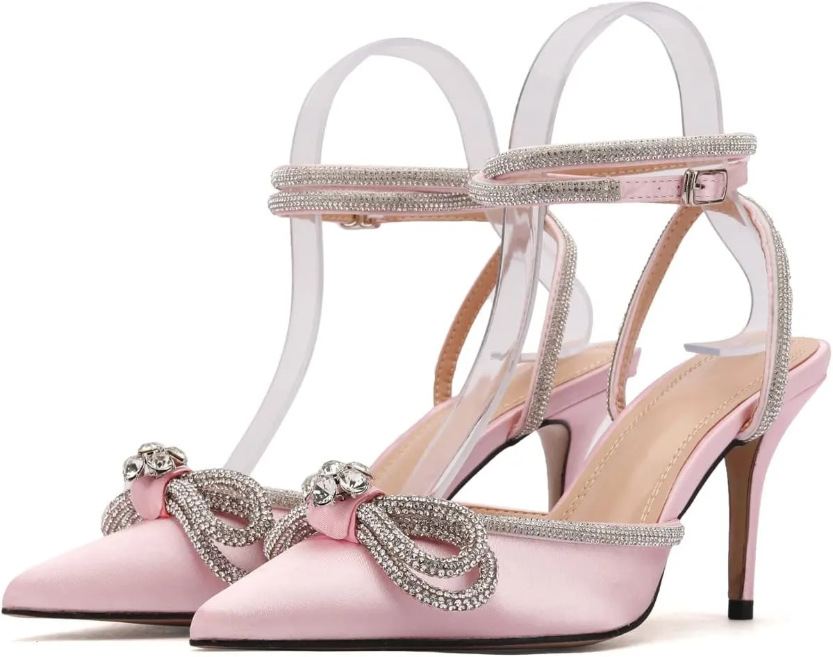 Arqa Rhinestone Bow Heels for Women Pointed Toe Crystal Ankle Strap Slingback Pumps Satin Stiletto High Heel Sandals Wedding Bridal Shoes