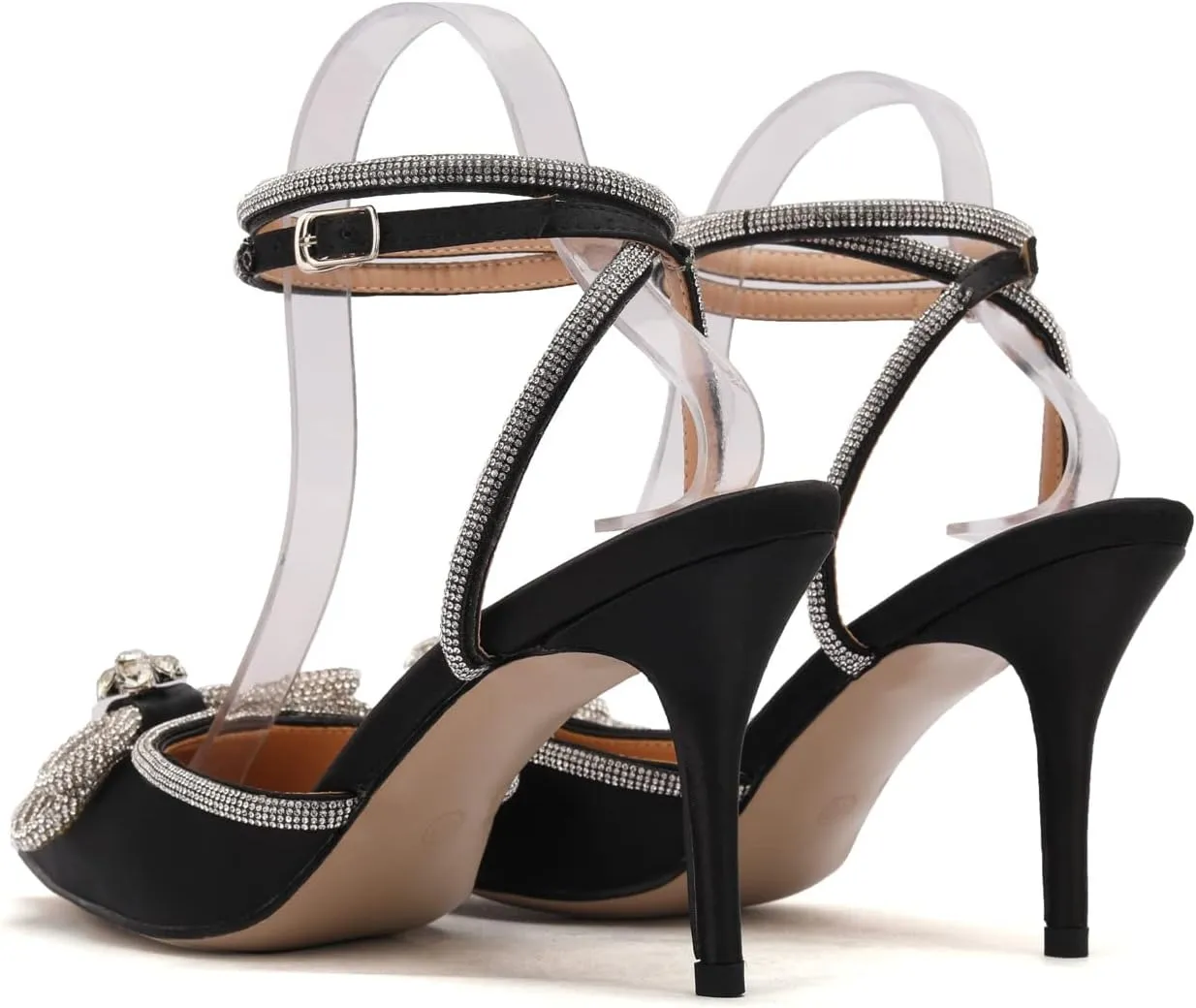 Arqa Rhinestone Bow Heels for Women Pointed Toe Crystal Ankle Strap Slingback Pumps Satin Stiletto High Heel Sandals Wedding Bridal Shoes