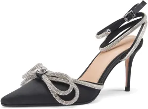 Arqa Rhinestone Bow Heels for Women Pointed Toe Crystal Ankle Strap Slingback Pumps Satin Stiletto High Heel Sandals Wedding Bridal Shoes