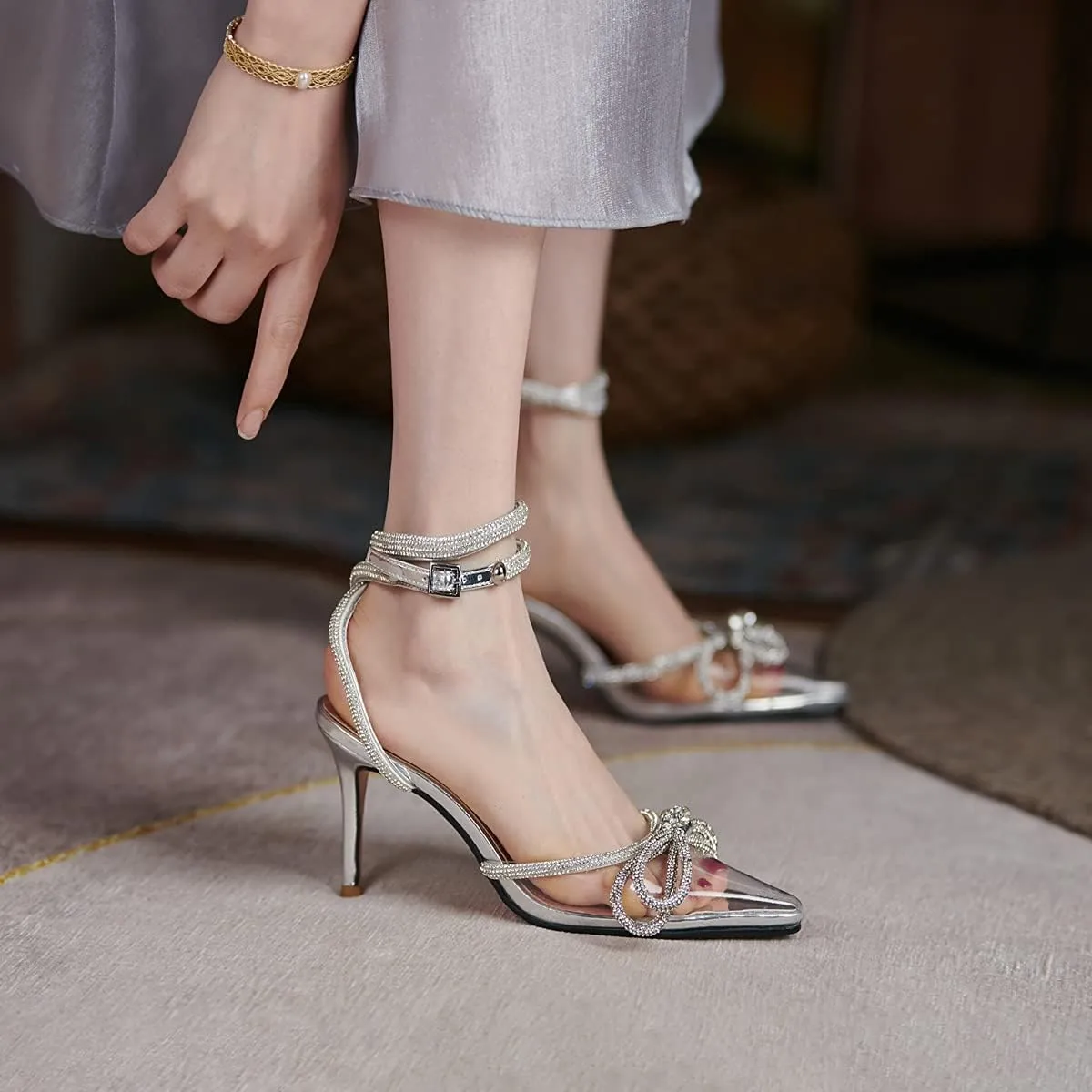 Arqa Rhinestone Bow Heels for Women Pointed Toe Crystal Ankle Strap Slingback Pumps Satin Stiletto High Heel Sandals Wedding Bridal Shoes