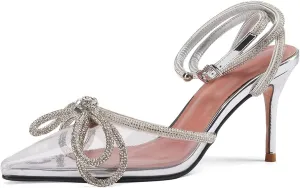 Arqa Rhinestone Bow Heels for Women Pointed Toe Crystal Ankle Strap Slingback Pumps Satin Stiletto High Heel Sandals Wedding Bridal Shoes