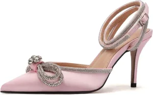 Arqa Rhinestone Bow Heels for Women Pointed Toe Crystal Ankle Strap Slingback Pumps Satin Stiletto High Heel Sandals Wedding Bridal Shoes