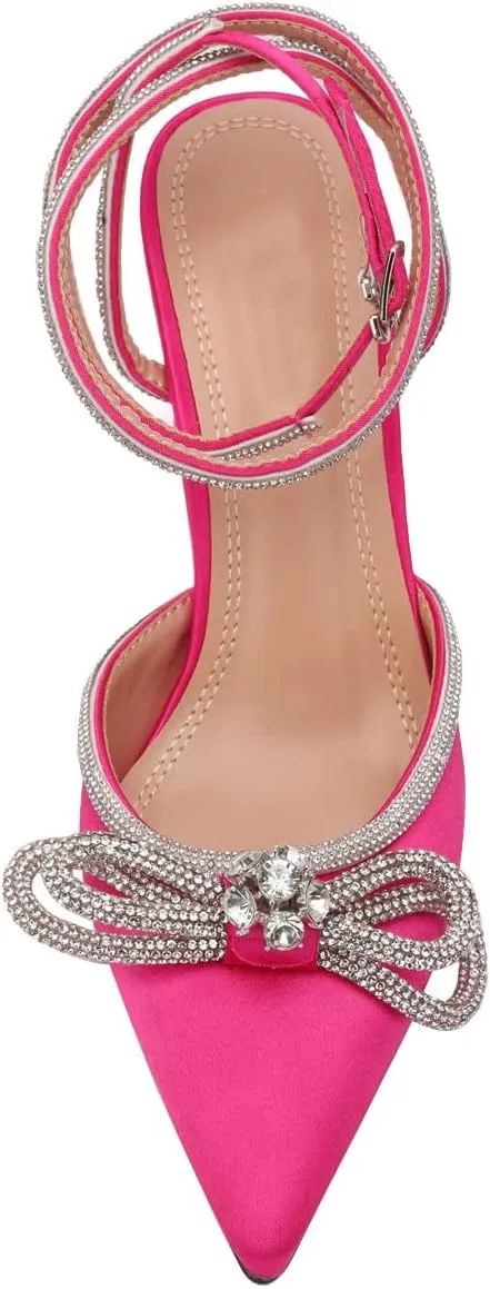 Arqa Rhinestone Bow Heels for Women Pointed Toe Crystal Ankle Strap Slingback Pumps Satin Stiletto High Heel Sandals Wedding Bridal Shoes