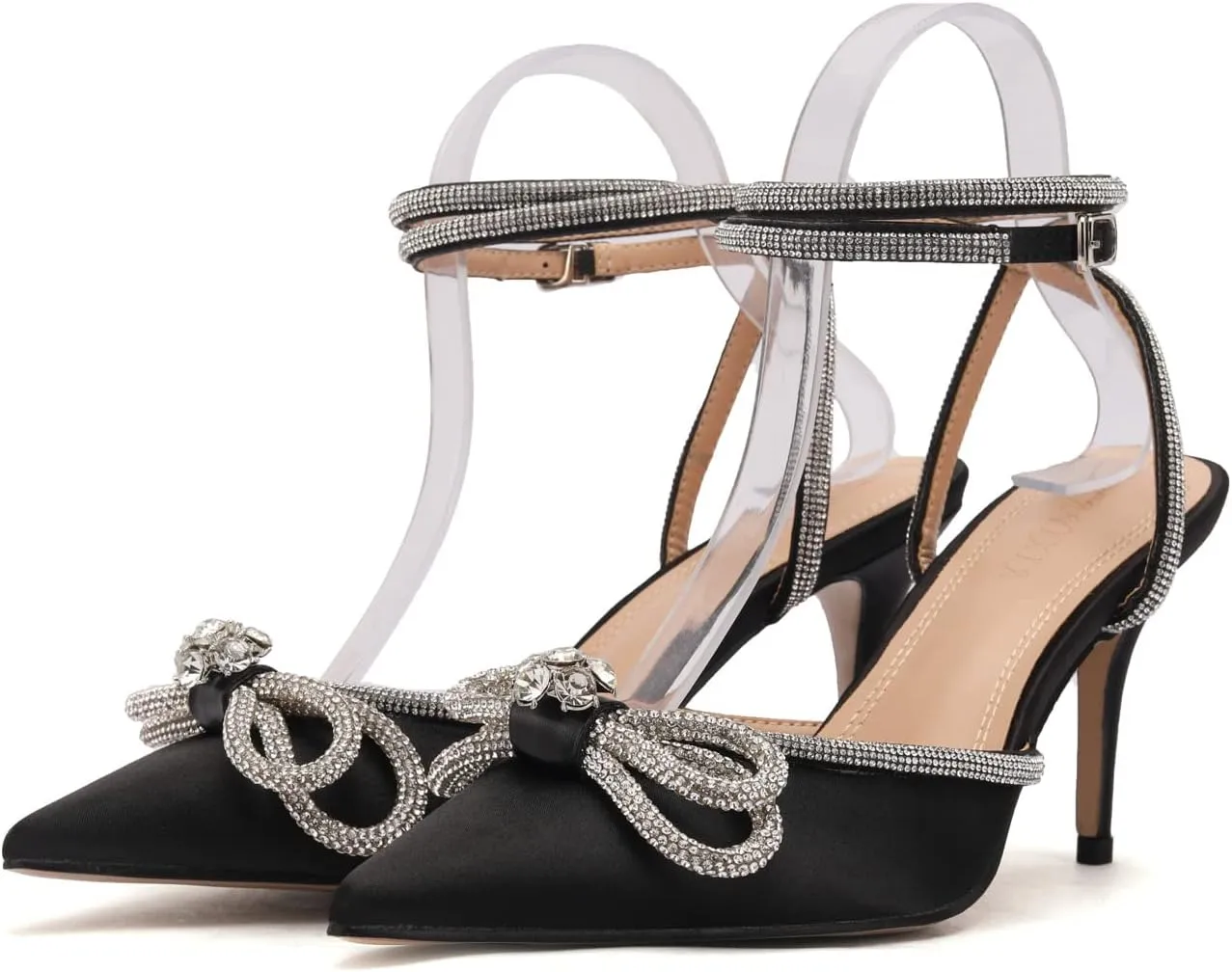 Arqa Rhinestone Bow Heels for Women Pointed Toe Crystal Ankle Strap Slingback Pumps Satin Stiletto High Heel Sandals Wedding Bridal Shoes