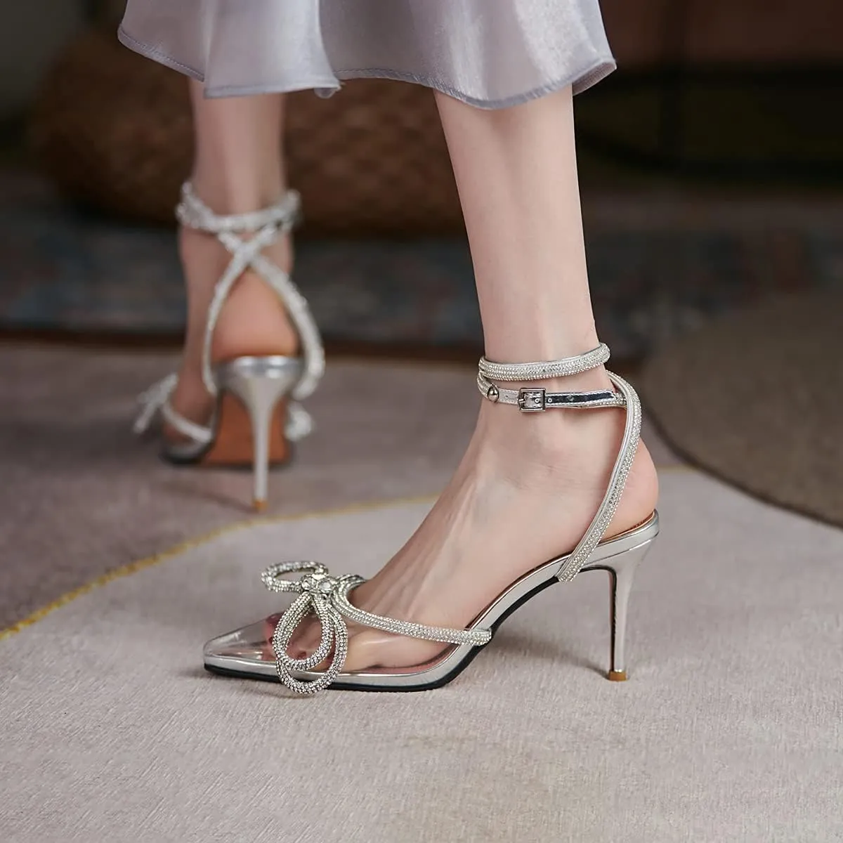 Arqa Rhinestone Bow Heels for Women Pointed Toe Crystal Ankle Strap Slingback Pumps Satin Stiletto High Heel Sandals Wedding Bridal Shoes