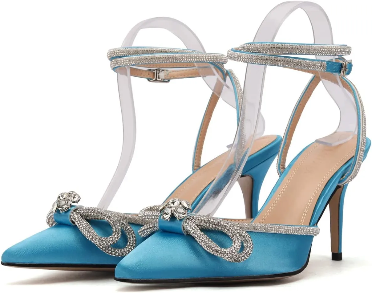 Arqa Rhinestone Bow Heels for Women Pointed Toe Crystal Ankle Strap Slingback Pumps Satin Stiletto High Heel Sandals Wedding Bridal Shoes