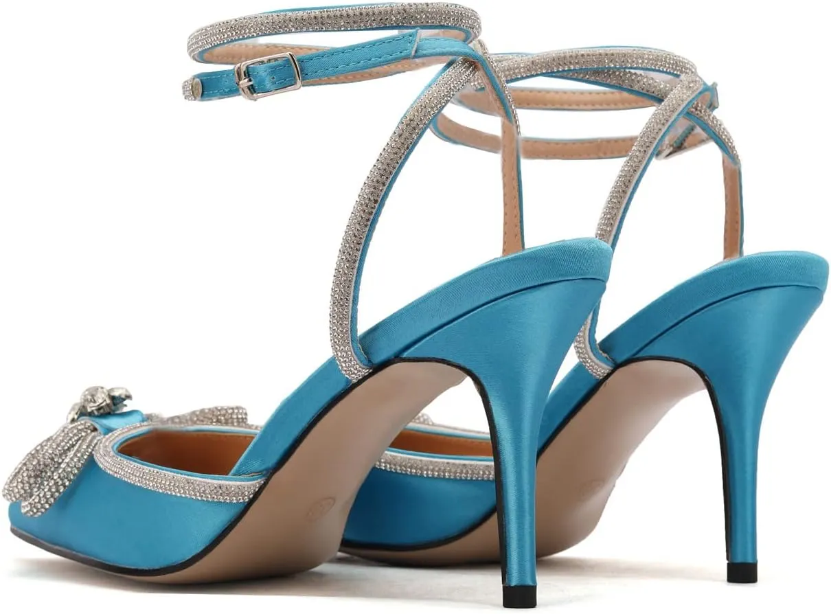 Arqa Rhinestone Bow Heels for Women Pointed Toe Crystal Ankle Strap Slingback Pumps Satin Stiletto High Heel Sandals Wedding Bridal Shoes