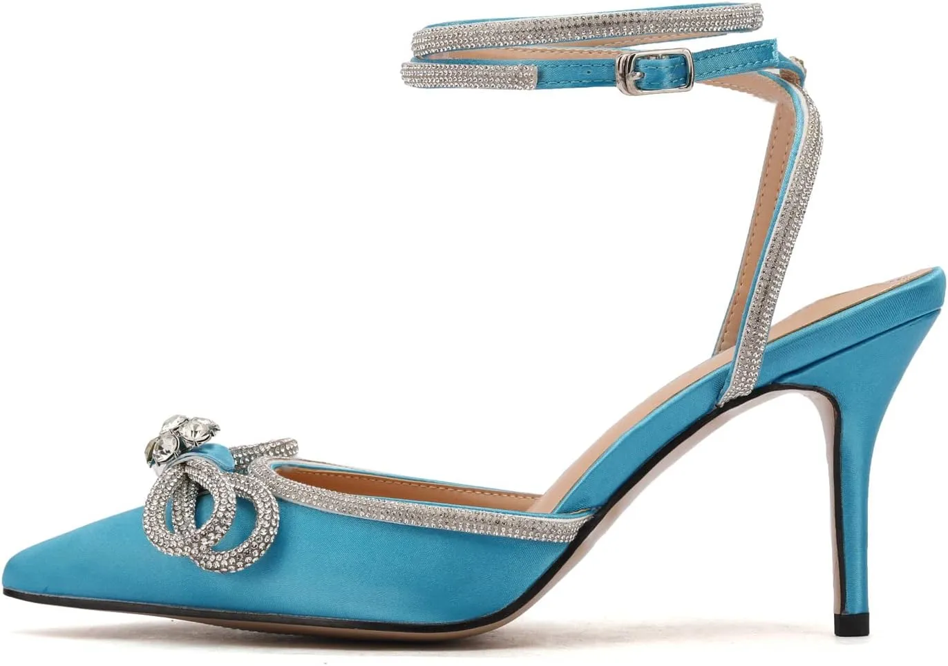 Arqa Rhinestone Bow Heels for Women Pointed Toe Crystal Ankle Strap Slingback Pumps Satin Stiletto High Heel Sandals Wedding Bridal Shoes