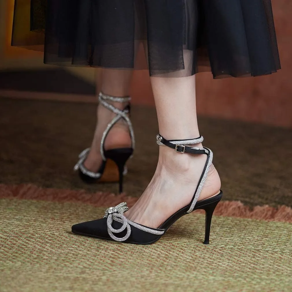 Arqa Rhinestone Bow Heels for Women Pointed Toe Crystal Ankle Strap Slingback Pumps Satin Stiletto High Heel Sandals Wedding Bridal Shoes