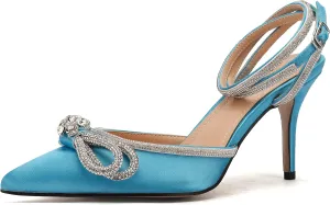 Arqa Rhinestone Bow Heels for Women Pointed Toe Crystal Ankle Strap Slingback Pumps Satin Stiletto High Heel Sandals Wedding Bridal Shoes