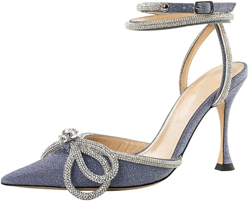 Arqa Rhinestone Bow Heels for Women Pointed Toe Crystal Ankle Strap Slingback Pumps Satin Stiletto High Heel Sandals Wedding Bridal Shoes