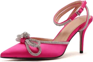 Arqa Rhinestone Bow Heels for Women Pointed Toe Crystal Ankle Strap Slingback Pumps Satin Stiletto High Heel Sandals Wedding Bridal Shoes