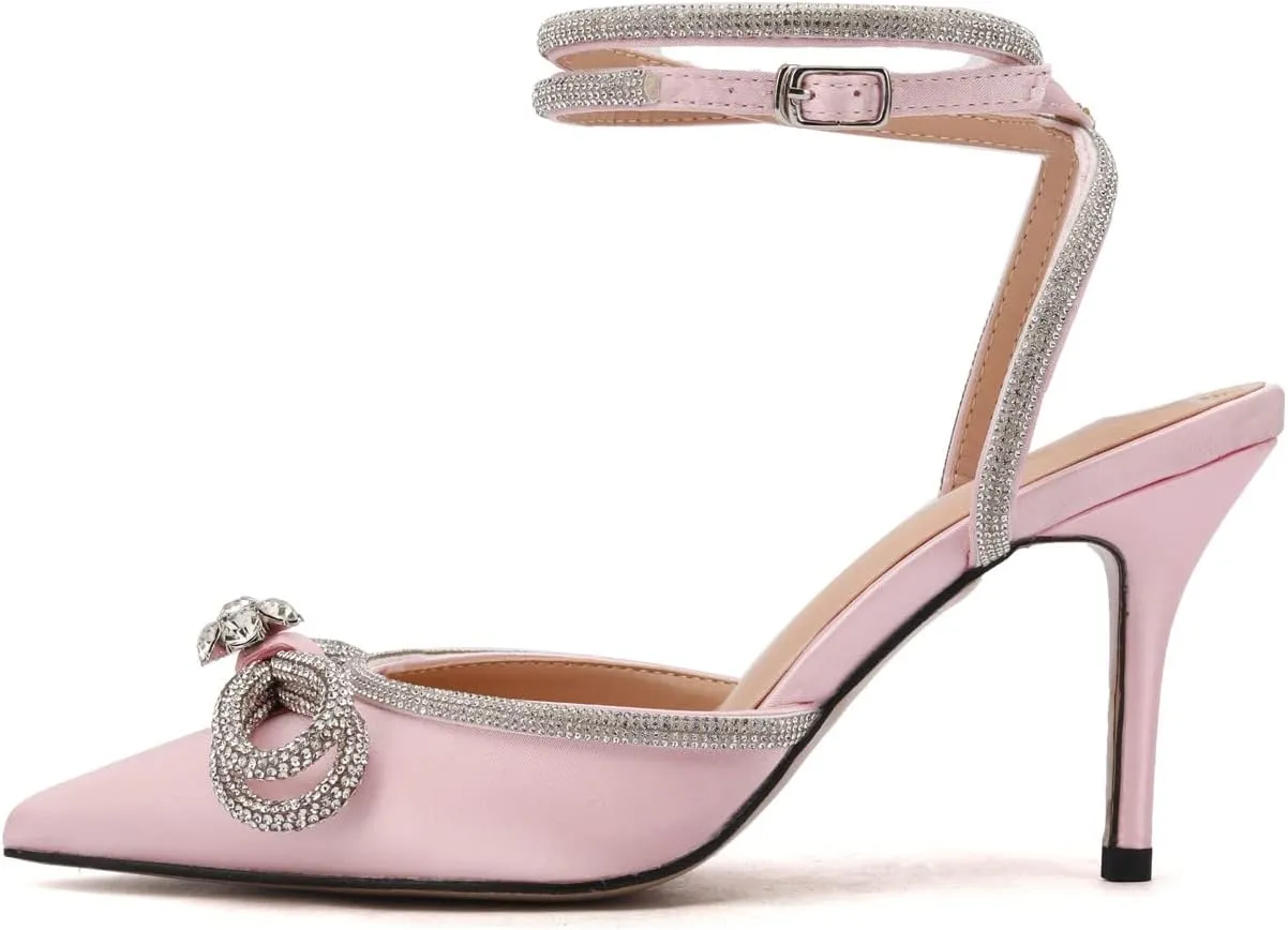 Arqa Rhinestone Bow Heels for Women Pointed Toe Crystal Ankle Strap Slingback Pumps Satin Stiletto High Heel Sandals Wedding Bridal Shoes