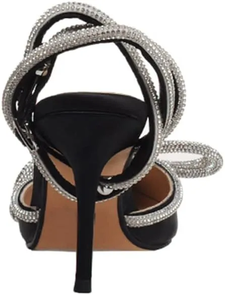 Arqa Rhinestone Bow Heels for Women Pointed Toe Crystal Ankle Strap Slingback Pumps Satin Stiletto High Heel Sandals Wedding Bridal Shoes