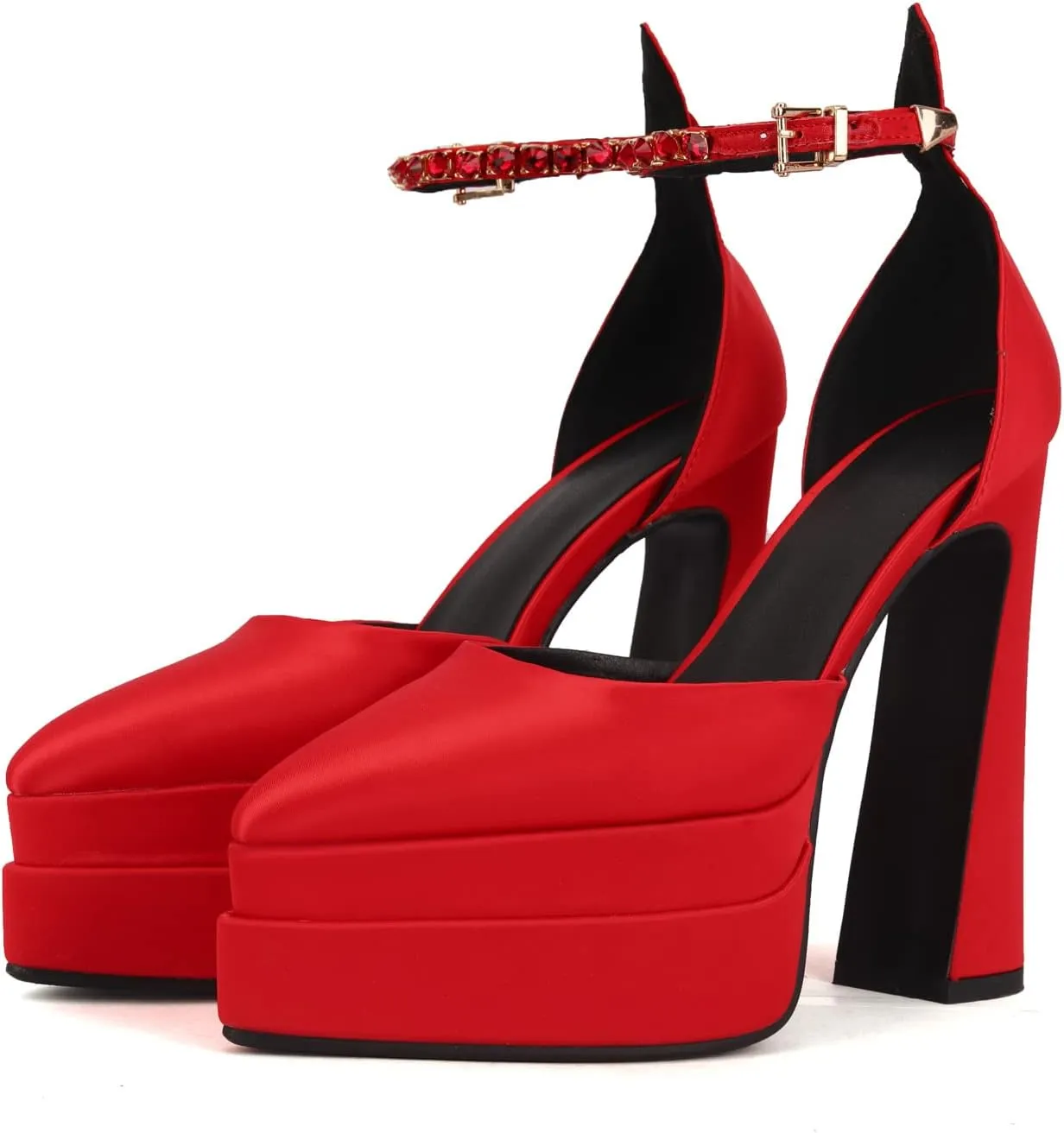 Arqa Women's Platform Heel Pumps Rhinestone Ankle Strap Pointed Toe High Heels Satin Silk Platforms Dress Wedding Shoes