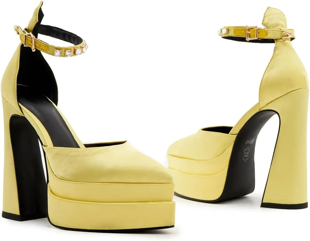 Arqa Women's Platform Heel Pumps Rhinestone Ankle Strap Pointed Toe High Heels Satin Silk Platforms Dress Wedding Shoes