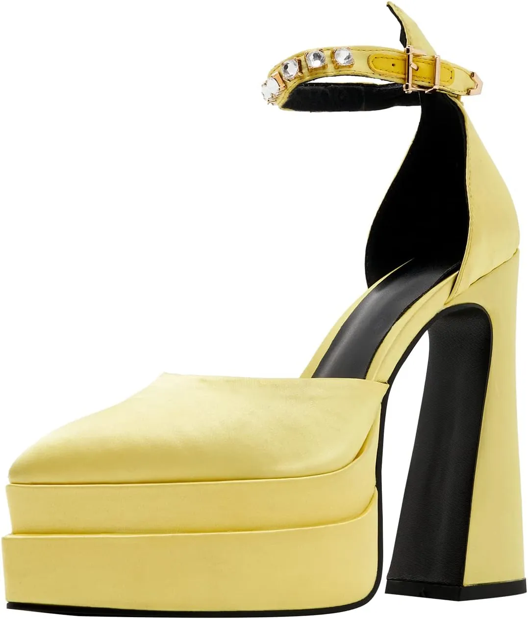 Arqa Women's Platform Heel Pumps Rhinestone Ankle Strap Pointed Toe High Heels Satin Silk Platforms Dress Wedding Shoes