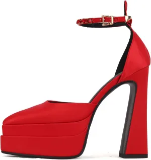 Arqa Women's Platform Heel Pumps Rhinestone Ankle Strap Pointed Toe High Heels Satin Silk Platforms Dress Wedding Shoes
