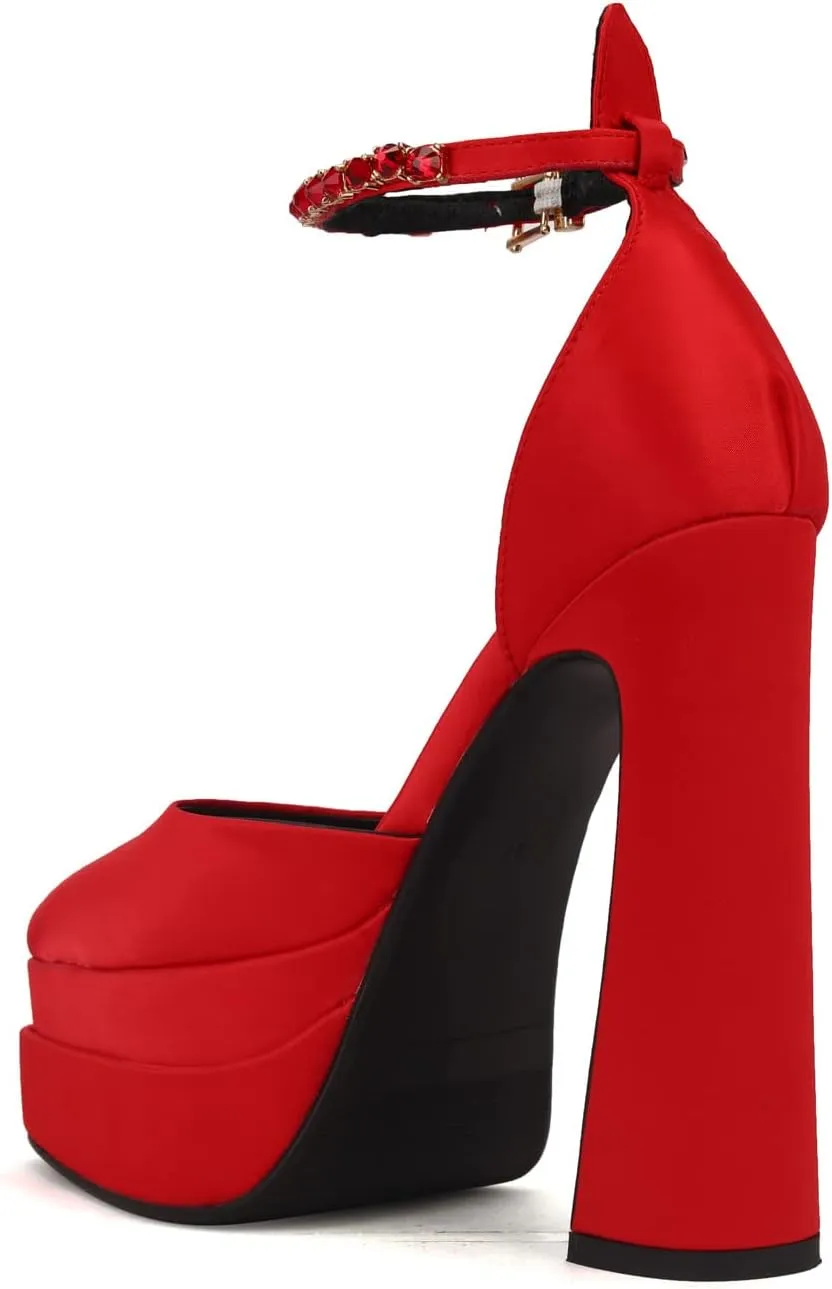 Arqa Women's Platform Heel Pumps Rhinestone Ankle Strap Pointed Toe High Heels Satin Silk Platforms Dress Wedding Shoes