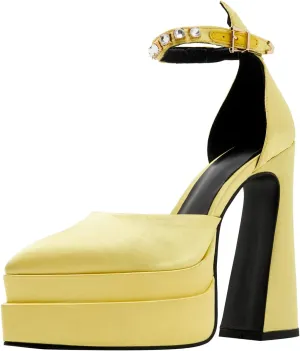 Arqa Women's Platform Heel Pumps Rhinestone Ankle Strap Pointed Toe High Heels Satin Silk Platforms Dress Wedding Shoes