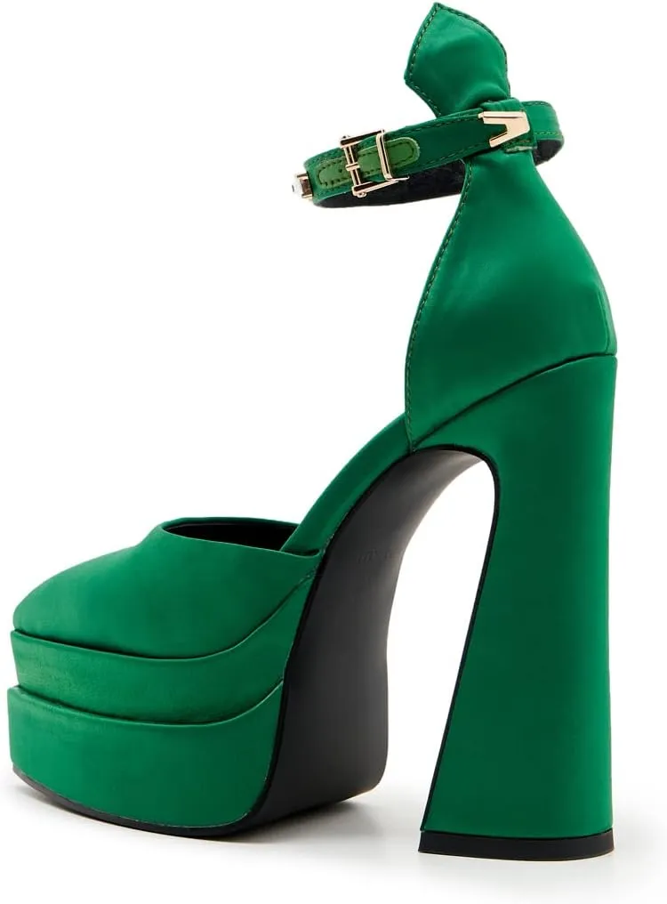 Arqa Women's Platform Heel Pumps Rhinestone Ankle Strap Pointed Toe High Heels Satin Silk Platforms Dress Wedding Shoes