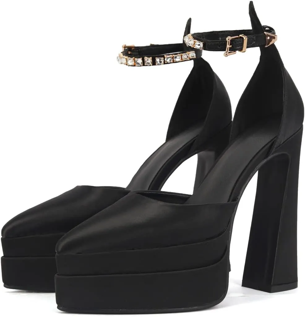 Arqa Women's Platform Heel Pumps Rhinestone Ankle Strap Pointed Toe High Heels Satin Silk Platforms Dress Wedding Shoes
